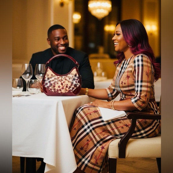 BURBERRY Maroon & Tan Star Print Canvas & Patent Leather Handbag, EUC - Picture 2 of 16